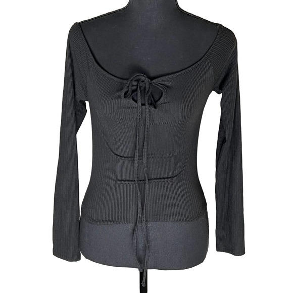 Aqua Tops - AQUA WOMEN'S RIBBED KEY HOLE TIE TOP BLACK SIZE S NWT